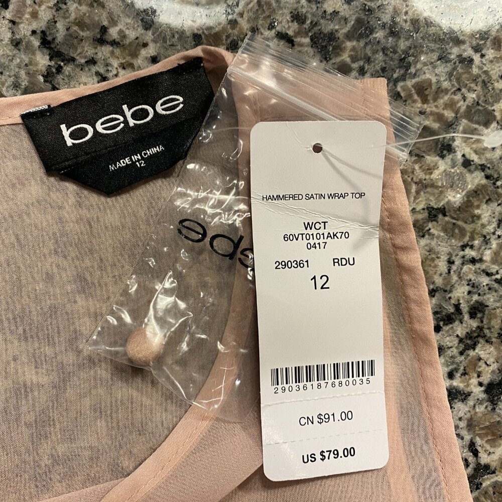 π HOST PICK π Bebe Ruffle Short Sleeve Cold Shoulder Satin Top Size 12 NWT - Picture 3 of 11